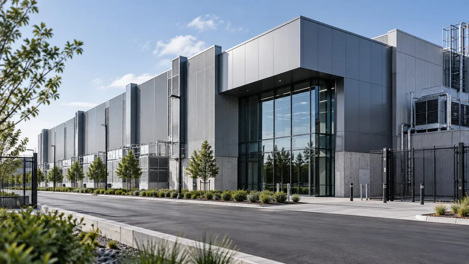 Exterior view of a data center building