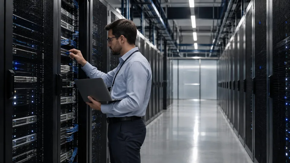 Engineer inspecting data center equipment